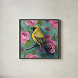 Bird with Roses by Kate Jarvik Birch. Shown in a sleek black glass frame for a contemporary gallery look. Available as an archival giclee rolled canvas, fine art paper, or poster print. SKU 97152a.