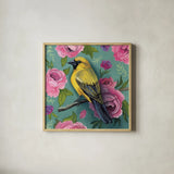 Bird with Roses by Kate Jarvik Birch. Shown in a natural wood glass frame for a timeless modern aesthetic. Available as an archival giclee rolled canvas, fine art paper, or poster print. SKU 97152a.