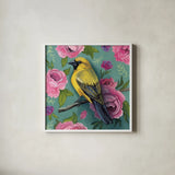 Bird with Roses by Kate Jarvik Birch. Shown in a crisp white glass frame for a clean and minimalist style. Available as an archival giclee rolled canvas, fine art paper, or poster print. SKU 97152a.