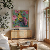 Bird with Roses by Kate Jarvik Birch. Shown in a natural wood frame in a cozy modern living room. Available as an archival giclee rolled canvas, fine art paper, or poster print. SKU 97152a.
