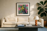 Bird with Roses by Kate Jarvik Birch. Displayed in a glass frame with matte in a clean modern living room. Available as an archival giclee rolled canvas, fine art paper, or poster print. SKU 97152a.