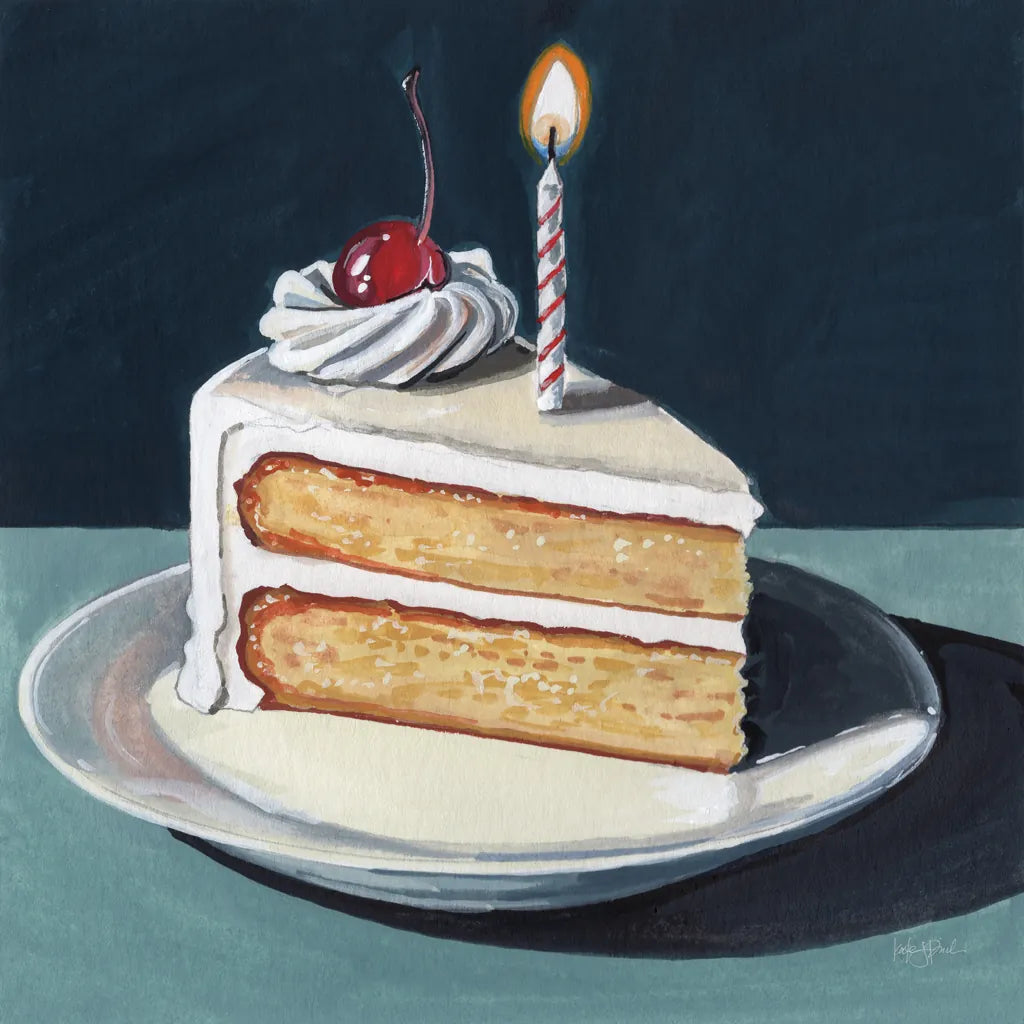Birthday Slice With Cherry by Kate Jarvik Birch. SKU 99693a. Archival Giclee Fine art print for wall decor.