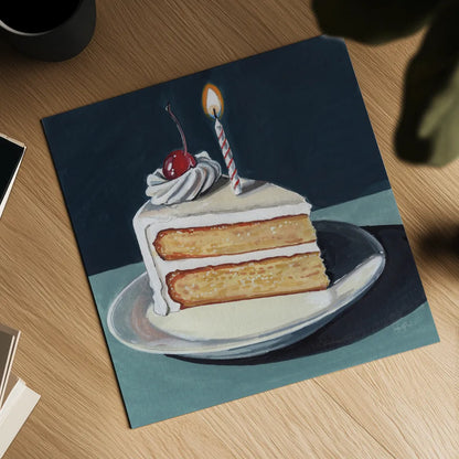 Birthday Slice With Cherry by Kate Jarvik Birch. Shown as a detailed flat fine art print, highlighting archival giclee quality. Available as an archival giclee rolled canvas, fine art paper, or poster print. SKU 99693a.