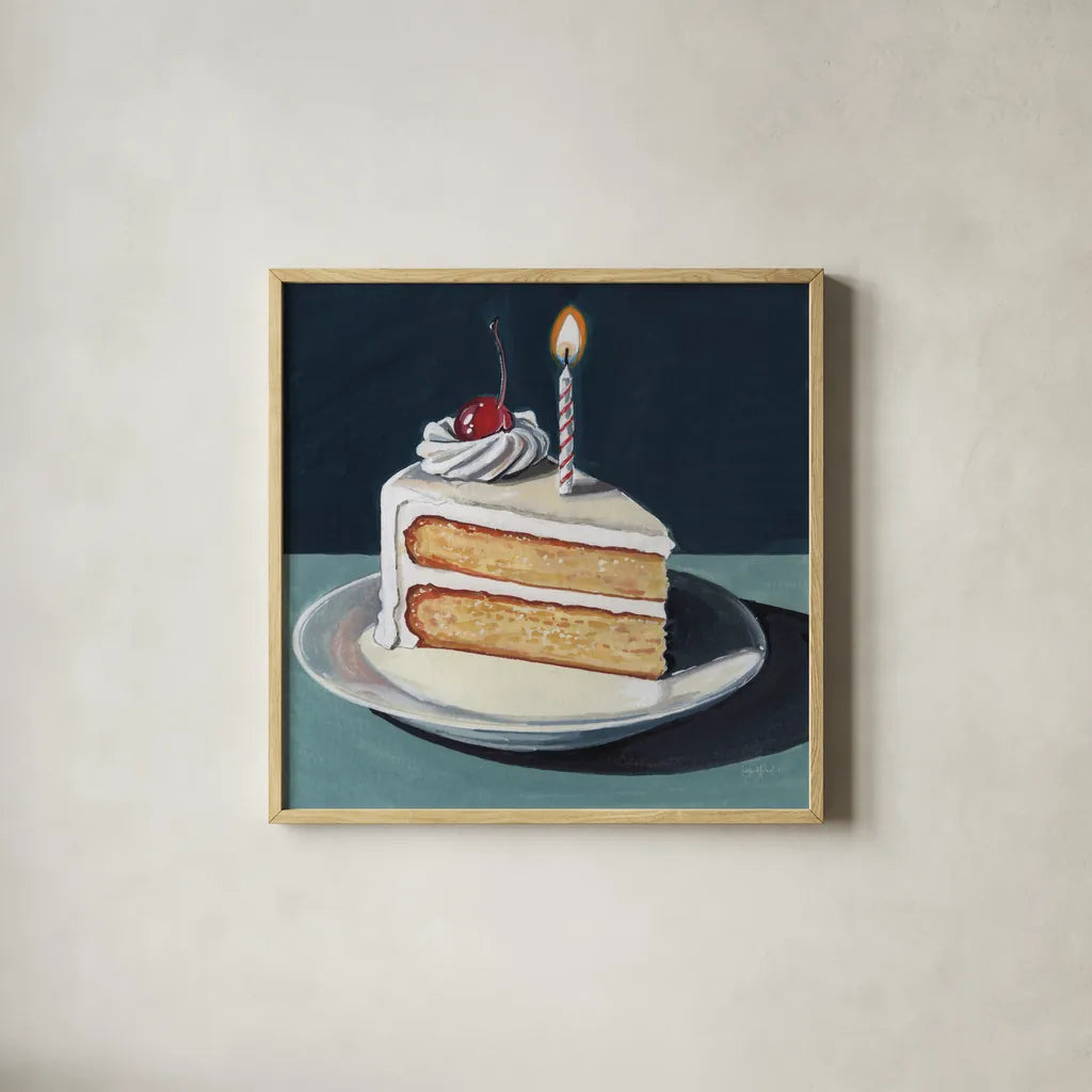 Birthday Slice With Cherry by Kate Jarvik Birch. Shown in a natural wood glass frame for a timeless modern aesthetic. Available as an archival giclee rolled canvas, fine art paper, or poster print. SKU 99693a.