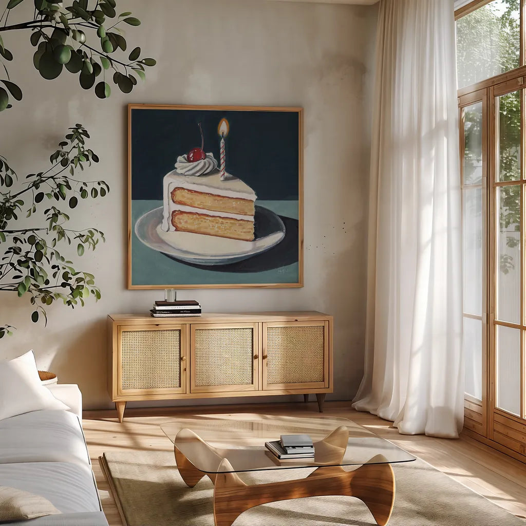 Birthday Slice With Cherry by Kate Jarvik Birch. Shown in a natural wood frame in a cozy modern living room. Available as an archival giclee rolled canvas, fine art paper, or poster print. SKU 99693a.