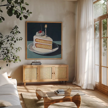 Birthday Slice With Cherry by Kate Jarvik Birch. Shown in a natural wood frame in a cozy modern living room. Available as an archival giclee rolled canvas, fine art paper, or poster print. SKU 99693a.
