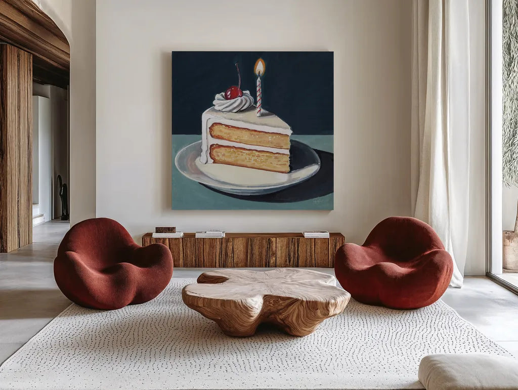 Birthday Slice With Cherry by Kate Jarvik Birch. Shown as extra-large giant wall art in a modern living room. Available as an archival giclee rolled canvas, fine art paper, or poster print. SKU 99693a.