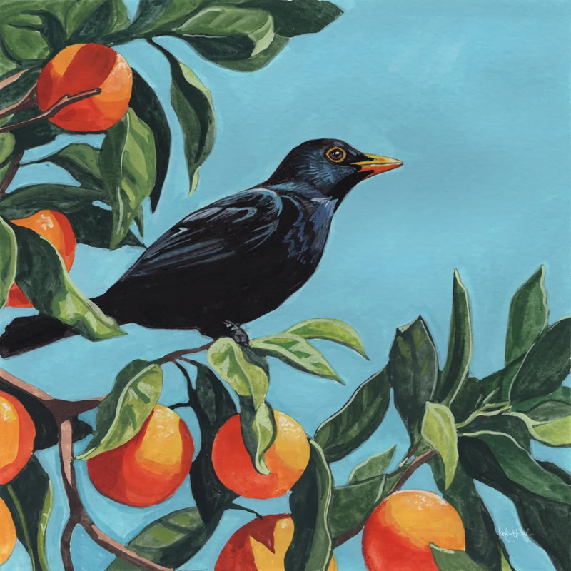 Black Bird On Orange Branch by Kate Jarvik Birch. SKU 101986a. Archival Giclee Fine art print for wall decor.