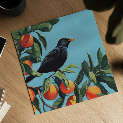 Black Bird On Orange Branch by Kate Jarvik Birch. Shown as a detailed flat fine art print, highlighting archival giclee quality. Available as an archival giclee rolled canvas, fine art paper, or poster print. SKU 101986a.