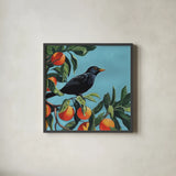 Black Bird On Orange Branch by Kate Jarvik Birch. Shown in a sleek black glass frame for a contemporary gallery look. Available as an archival giclee rolled canvas, fine art paper, or poster print. SKU 101986a.