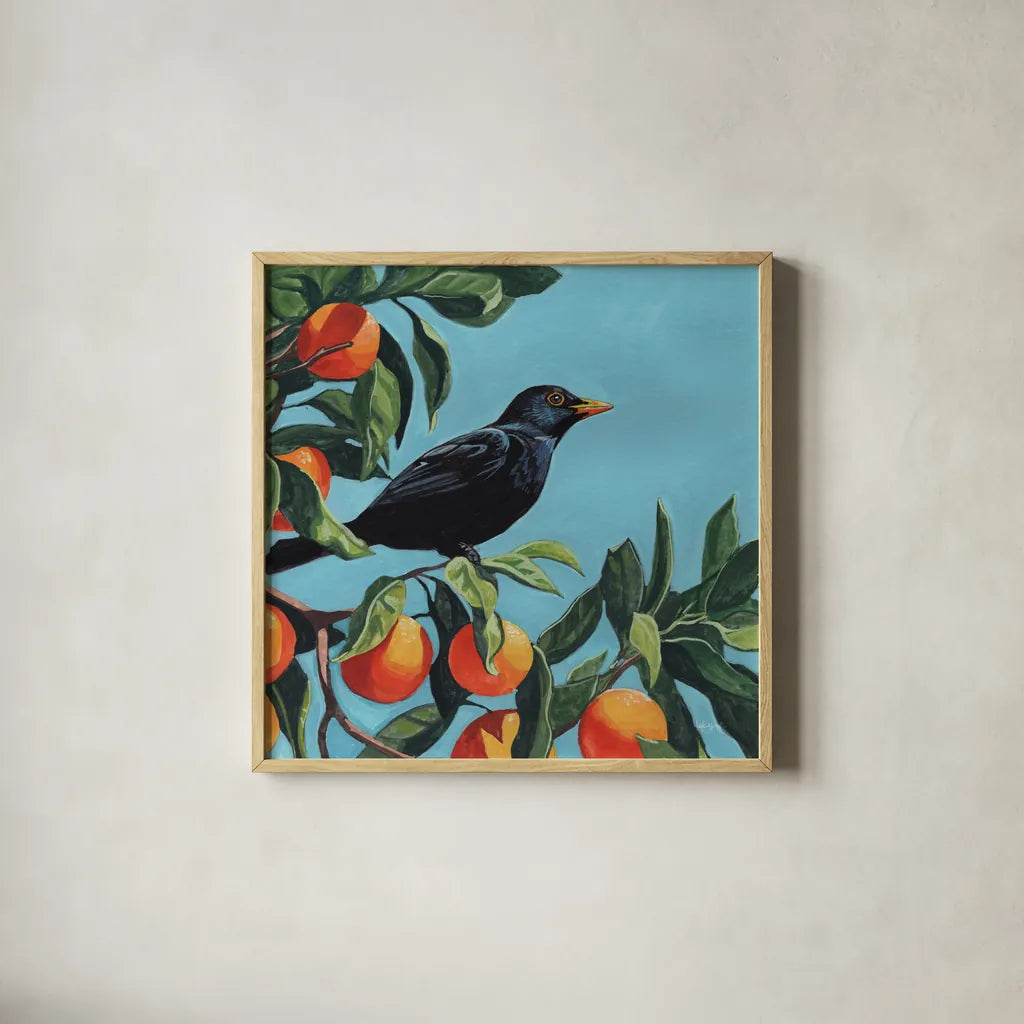 Black Bird On Orange Branch by Kate Jarvik Birch. Shown in a natural wood glass frame for a timeless modern aesthetic. Available as an archival giclee rolled canvas, fine art paper, or poster print. SKU 101986a.