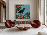 Black Bird On Orange Branch by Kate Jarvik Birch. Shown as extra-large giant wall art in a modern living room. Available as an archival giclee rolled canvas, fine art paper, or poster print. SKU 101986a.