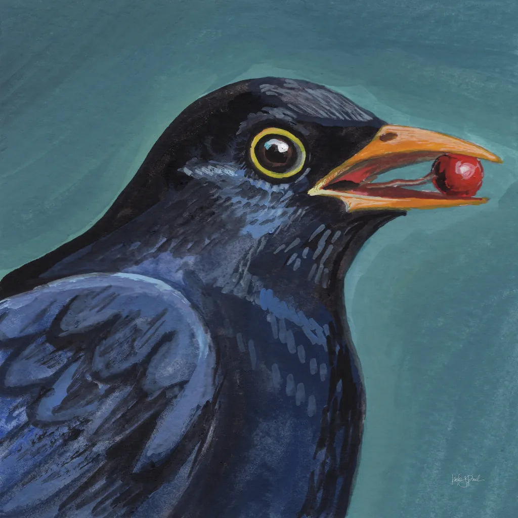 Black Bird With A Berry by Kate Jarvik Birch. SKU 100950a. Archival Giclee Fine art print for wall decor.