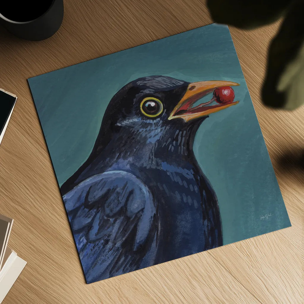Black Bird With A Berry by Kate Jarvik Birch. Shown as a detailed flat fine art print, highlighting archival giclee quality. Available as an archival giclee rolled canvas, fine art paper, or poster print. SKU 100950a.