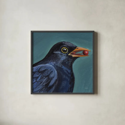 Black Bird With A Berry by Kate Jarvik Birch. Shown in a sleek black glass frame for a contemporary gallery look. Available as an archival giclee rolled canvas, fine art paper, or poster print. SKU 100950a.