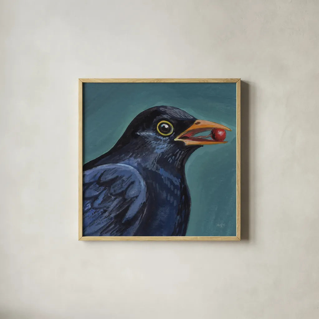 Black Bird With A Berry by Kate Jarvik Birch. Shown in a natural wood glass frame for a timeless modern aesthetic. Available as an archival giclee rolled canvas, fine art paper, or poster print. SKU 100950a.