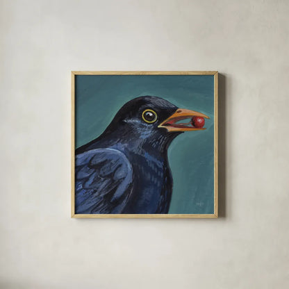 Black Bird With A Berry by Kate Jarvik Birch. Shown in a natural wood glass frame for a timeless modern aesthetic. Available as an archival giclee rolled canvas, fine art paper, or poster print. SKU 100950a.
