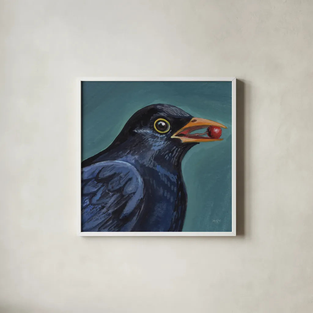 Black Bird With A Berry by Kate Jarvik Birch. Shown in a crisp white glass frame for a clean and minimalist style. Available as an archival giclee rolled canvas, fine art paper, or poster print. SKU 100950a.