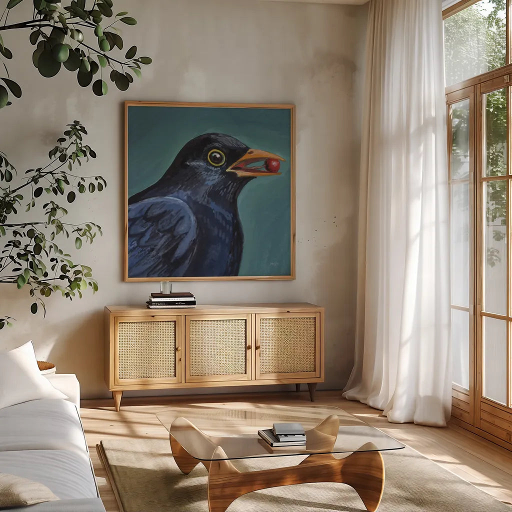 Black Bird With A Berry by Kate Jarvik Birch. Shown in a natural wood frame in a cozy modern living room. Available as an archival giclee rolled canvas, fine art paper, or poster print. SKU 100950a.