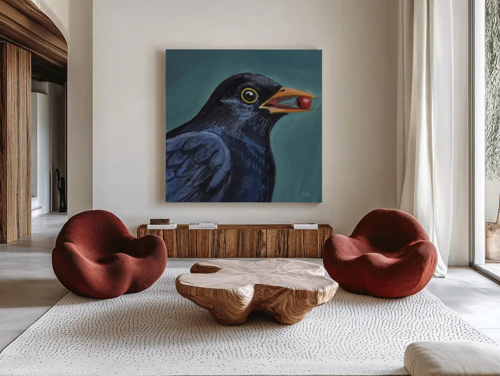 Black Bird With A Berry by Kate Jarvik Birch. Shown as extra-large giant wall art in a modern living room. Available as an archival giclee rolled canvas, fine art paper, or poster print. SKU 100950a.