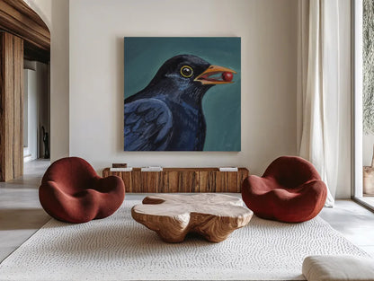 Black Bird With A Berry by Kate Jarvik Birch. Shown as extra-large giant wall art in a modern living room. Available as an archival giclee rolled canvas, fine art paper, or poster print. SKU 100950a.