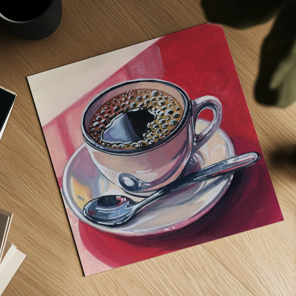Black Coffee On A Counter by Kate Jarvik Birch. Shown as a detailed flat fine art print, highlighting archival giclee quality. Available as an archival giclee rolled canvas, fine art paper, or poster print. SKU 98597a.