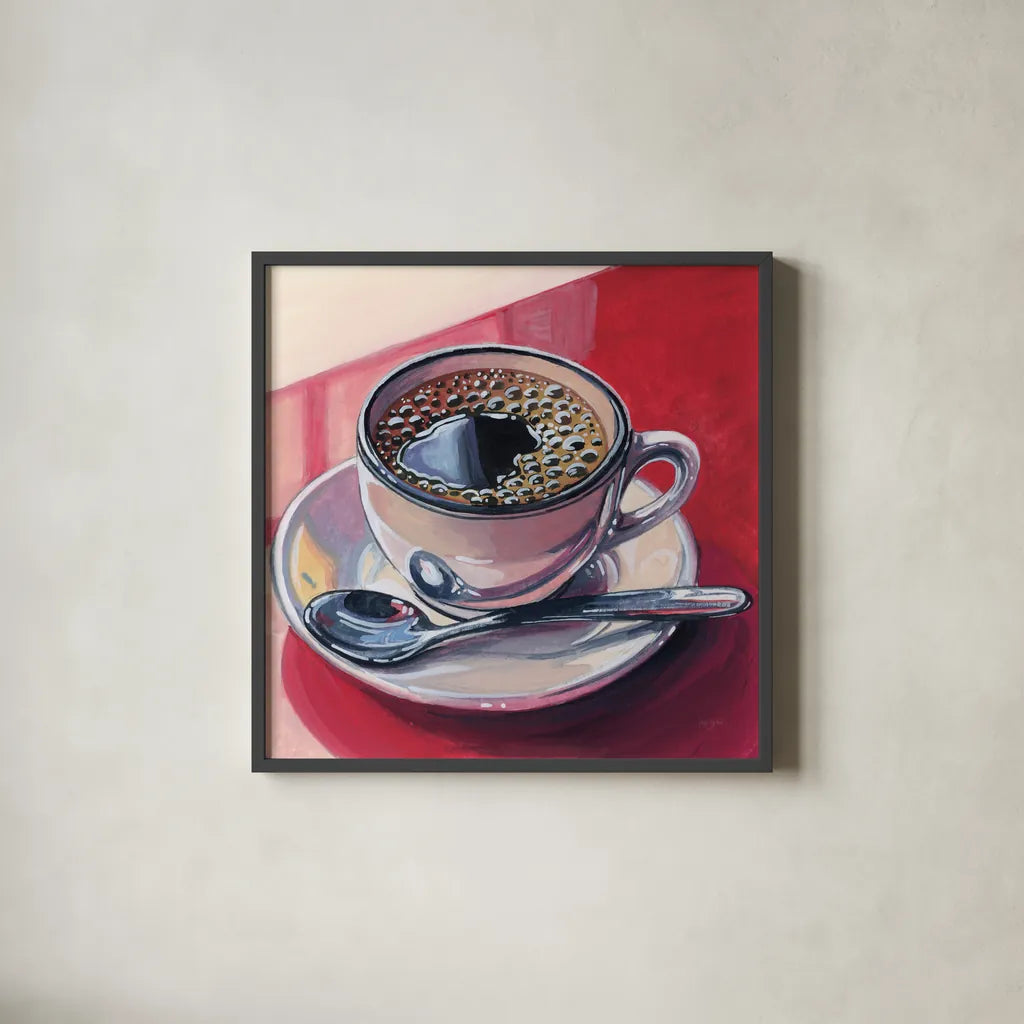 Black Coffee On A Counter by Kate Jarvik Birch. Shown in a sleek black glass frame for a contemporary gallery look. Available as an archival giclee rolled canvas, fine art paper, or poster print. SKU 98597a.