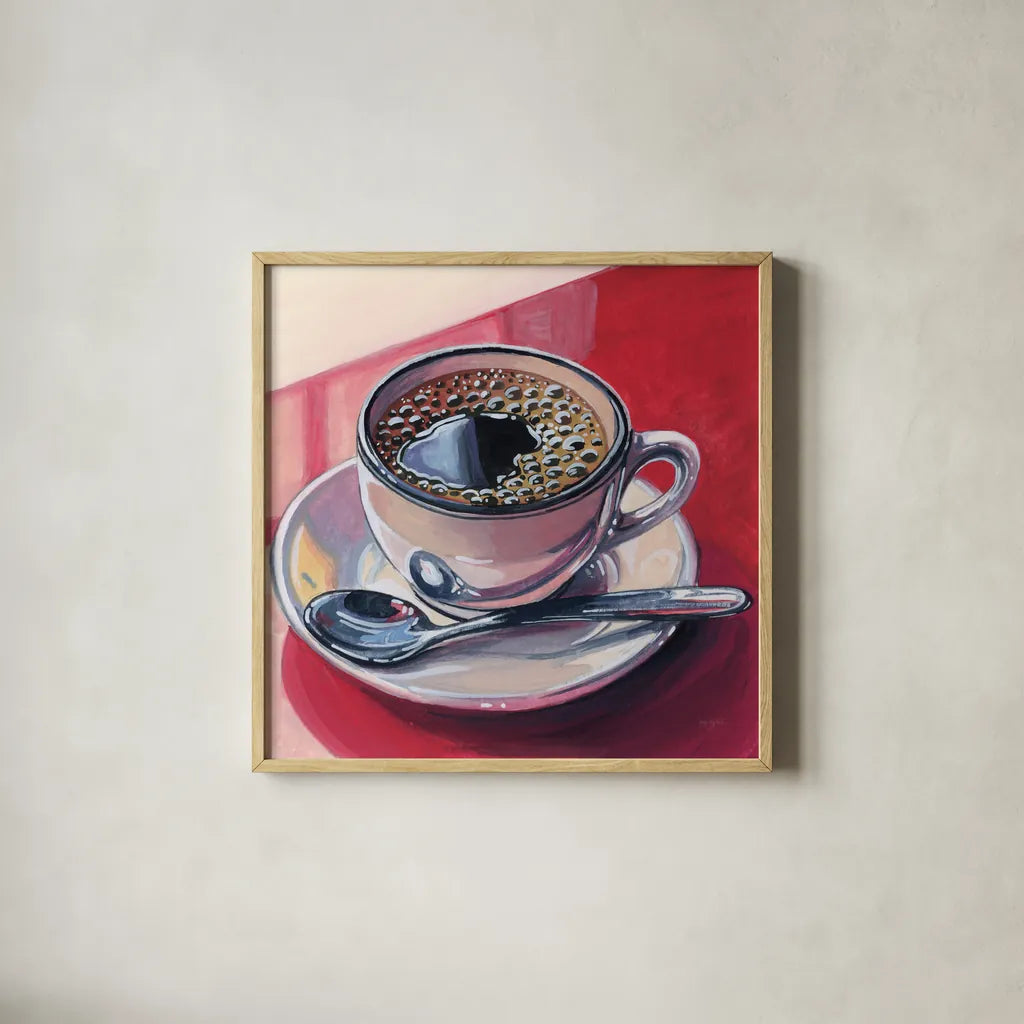 Black Coffee On A Counter by Kate Jarvik Birch. Shown in a natural wood glass frame for a timeless modern aesthetic. Available as an archival giclee rolled canvas, fine art paper, or poster print. SKU 98597a.