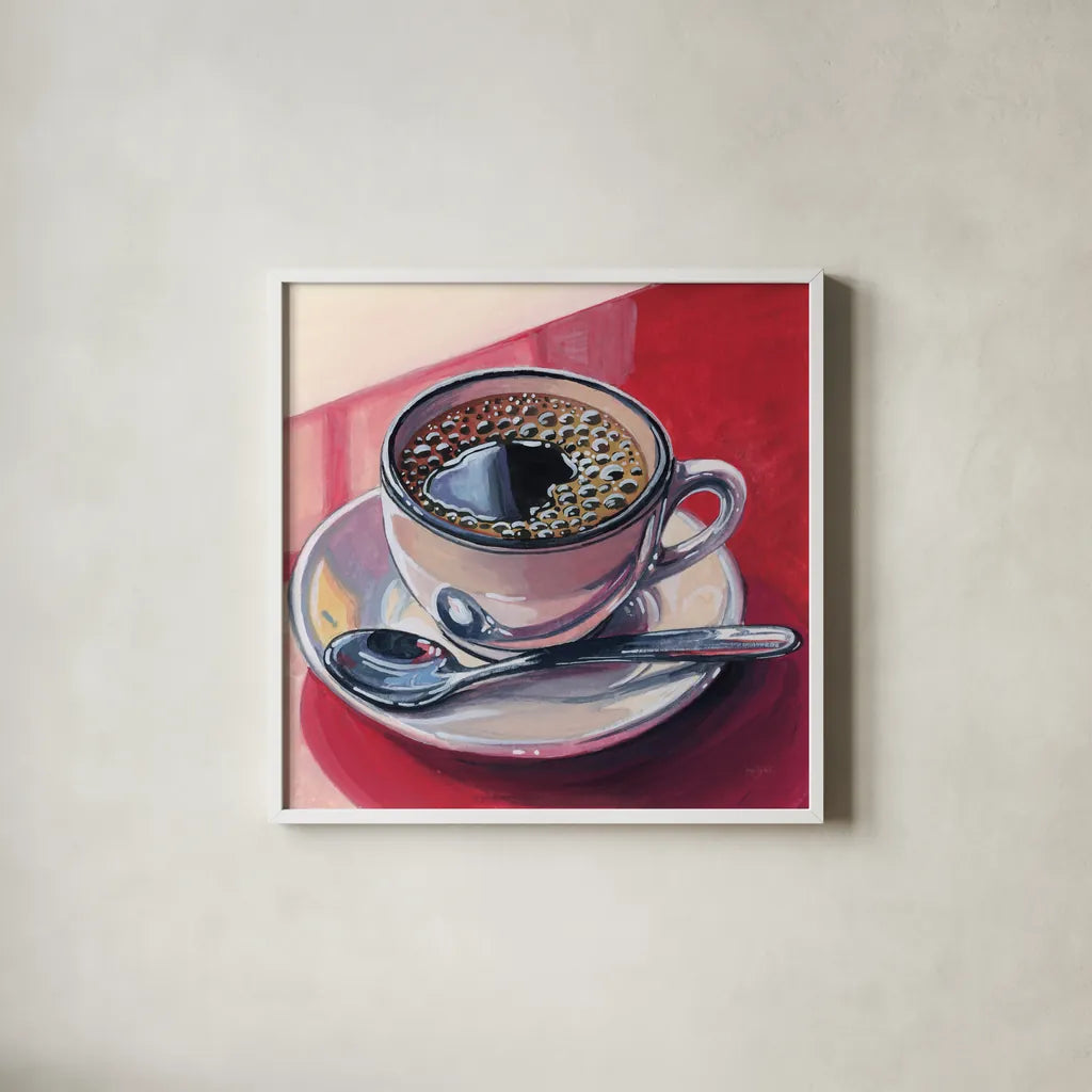 Black Coffee On A Counter by Kate Jarvik Birch. Shown in a crisp white glass frame for a clean and minimalist style. Available as an archival giclee rolled canvas, fine art paper, or poster print. SKU 98597a.