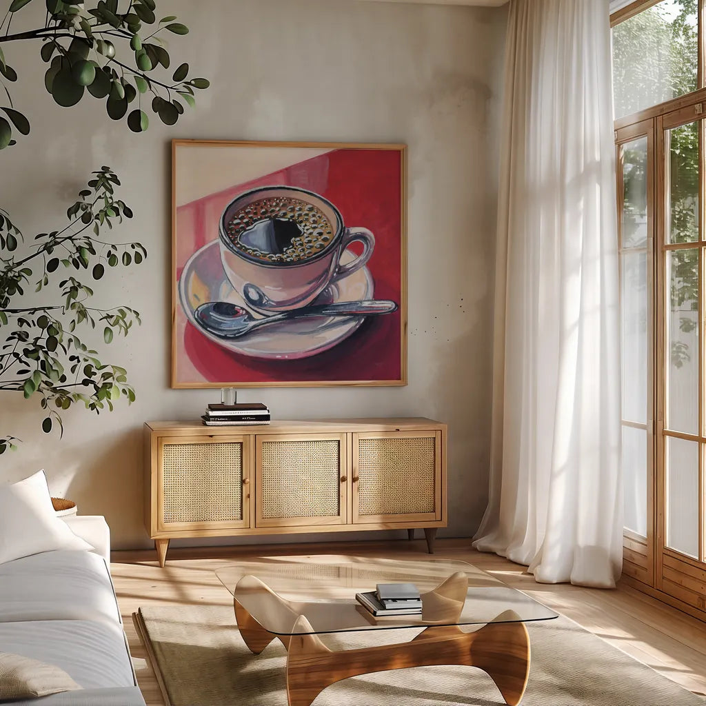 Black Coffee On A Counter by Kate Jarvik Birch. Shown in a natural wood frame in a cozy modern living room. Available as an archival giclee rolled canvas, fine art paper, or poster print. SKU 98597a.