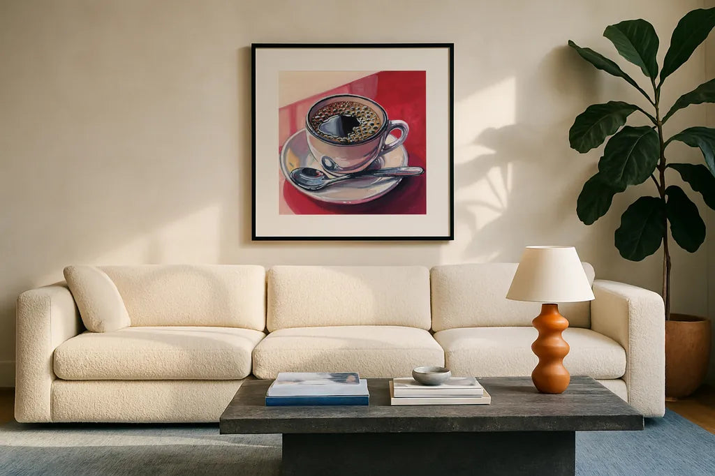Black Coffee On A Counter by Kate Jarvik Birch. Displayed in a glass frame with matte in a clean modern living room. Available as an archival giclee rolled canvas, fine art paper, or poster print. SKU 98597a.