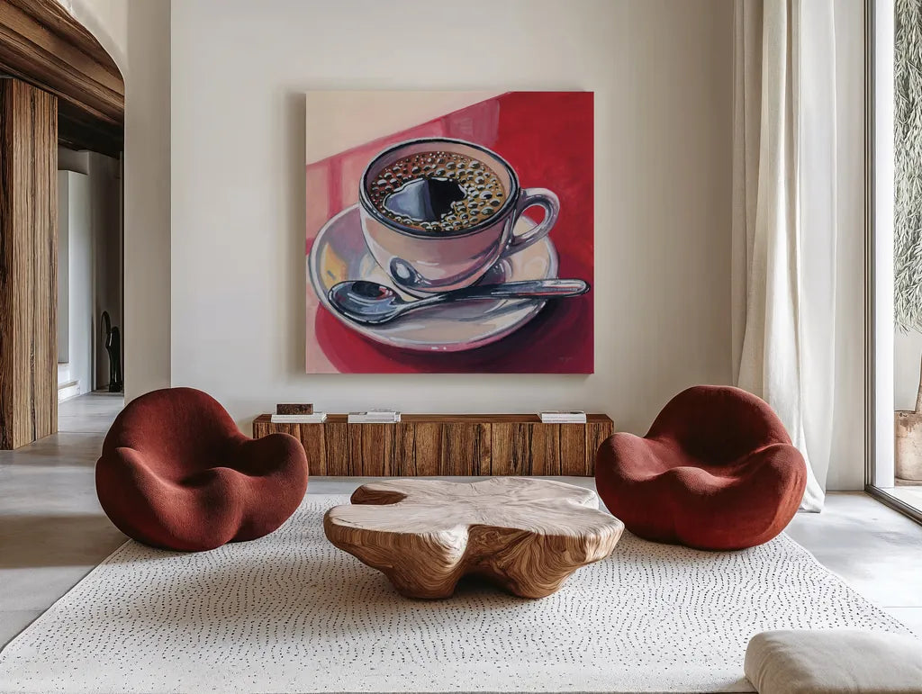 Black Coffee On A Counter by Kate Jarvik Birch. Shown as extra-large giant wall art in a modern living room. Available as an archival giclee rolled canvas, fine art paper, or poster print. SKU 98597a.