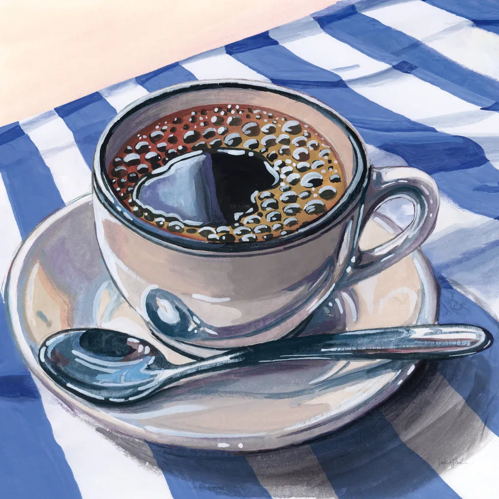 Black Coffee On Striped Cloth by Kate Jarvik Birch. SKU 98776a. Archival Giclee Fine art print for wall decor.