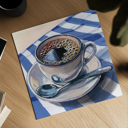 Black Coffee On Striped Cloth by Kate Jarvik Birch. Shown as a detailed flat fine art print, highlighting archival giclee quality. Available as an archival giclee rolled canvas, fine art paper, or poster print. SKU 98776a.