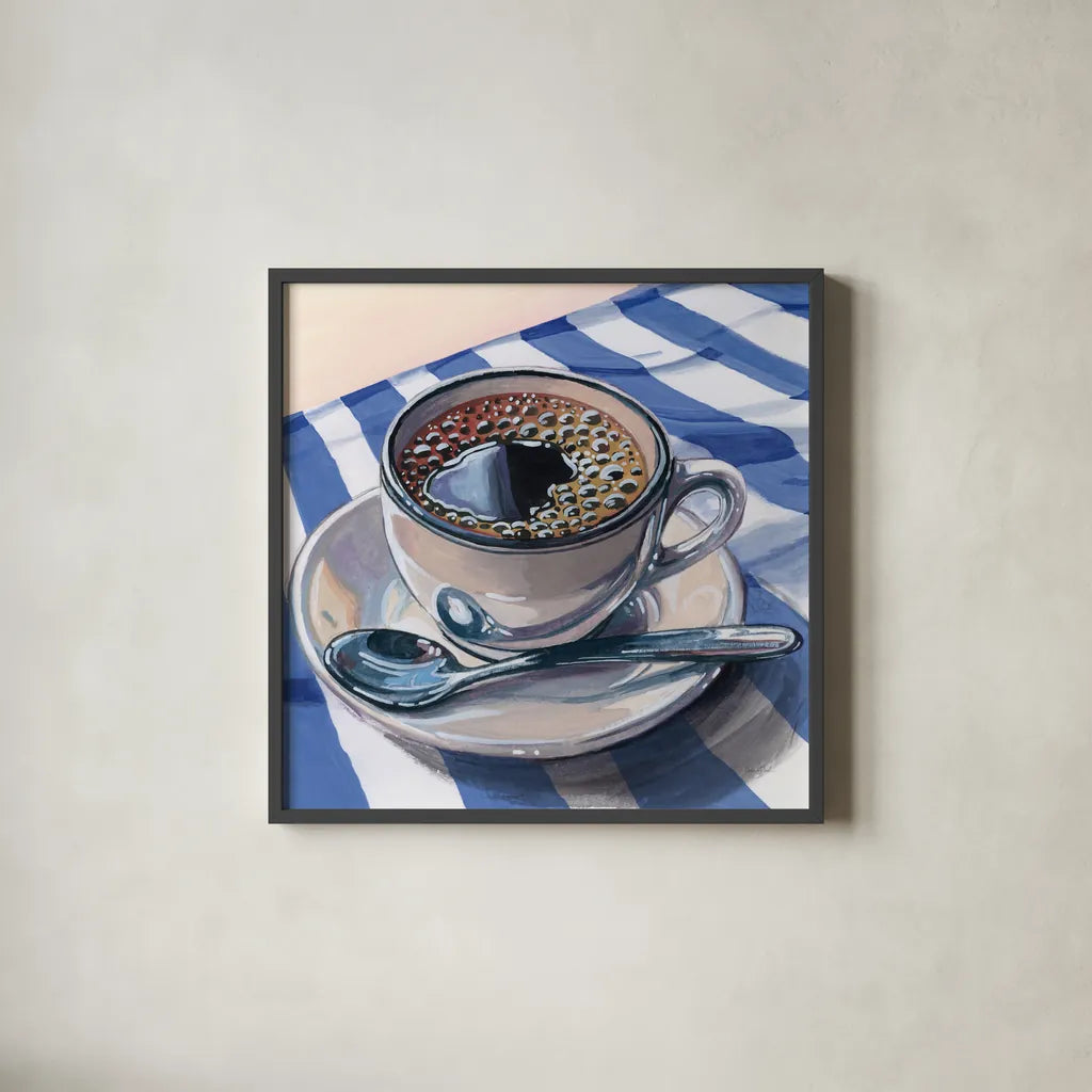 Black Coffee On Striped Cloth by Kate Jarvik Birch. Shown in a sleek black glass frame for a contemporary gallery look. Available as an archival giclee rolled canvas, fine art paper, or poster print. SKU 98776a.