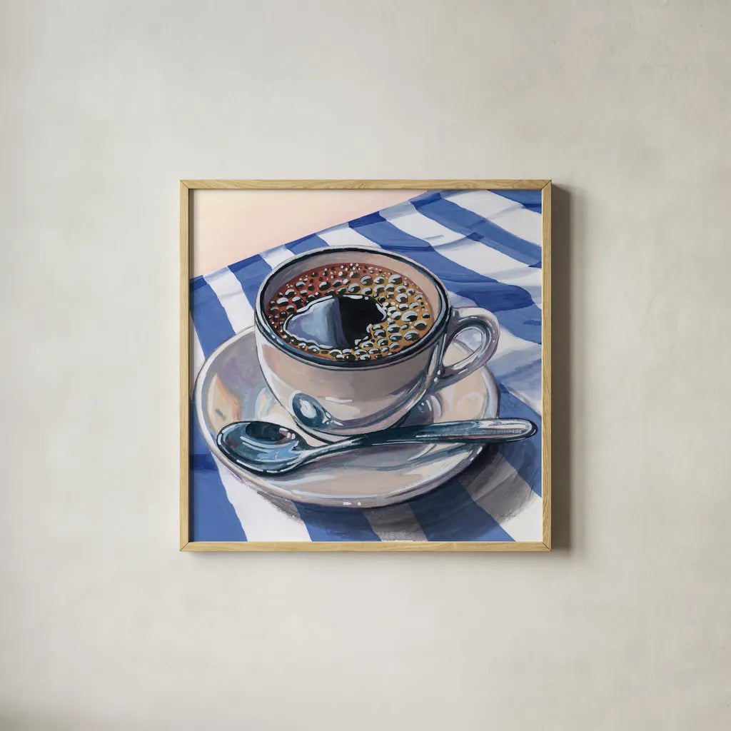 Black Coffee On Striped Cloth by Kate Jarvik Birch. Shown in a natural wood glass frame for a timeless modern aesthetic. Available as an archival giclee rolled canvas, fine art paper, or poster print. SKU 98776a.