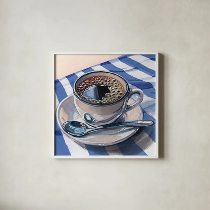 Black Coffee On Striped Cloth by Kate Jarvik Birch. Shown in a crisp white glass frame for a clean and minimalist style. Available as an archival giclee rolled canvas, fine art paper, or poster print. SKU 98776a.