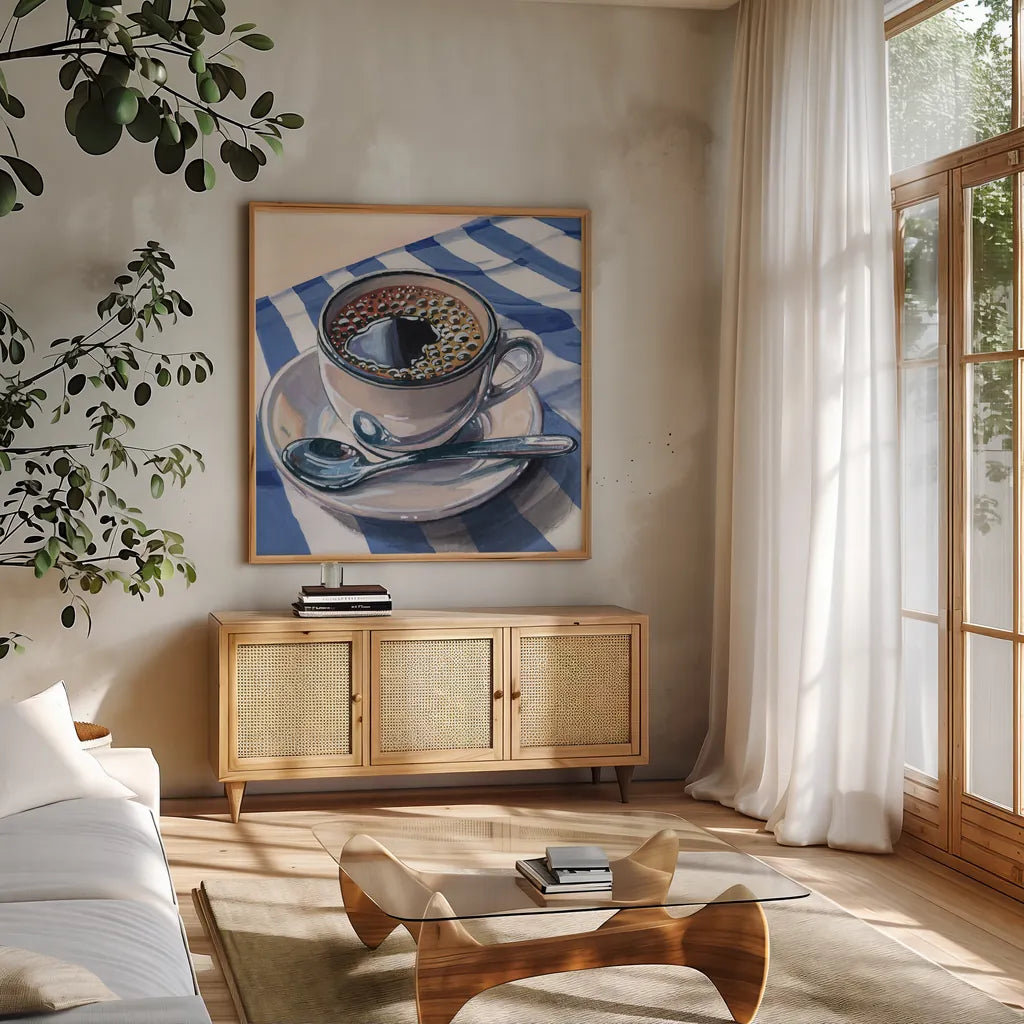 Black Coffee On Striped Cloth by Kate Jarvik Birch. Shown in a natural wood frame in a cozy modern living room. Available as an archival giclee rolled canvas, fine art paper, or poster print. SKU 98776a.