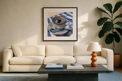 Black Coffee On Striped Cloth by Kate Jarvik Birch. Displayed in a glass frame with matte in a clean modern living room. Available as an archival giclee rolled canvas, fine art paper, or poster print. SKU 98776a.