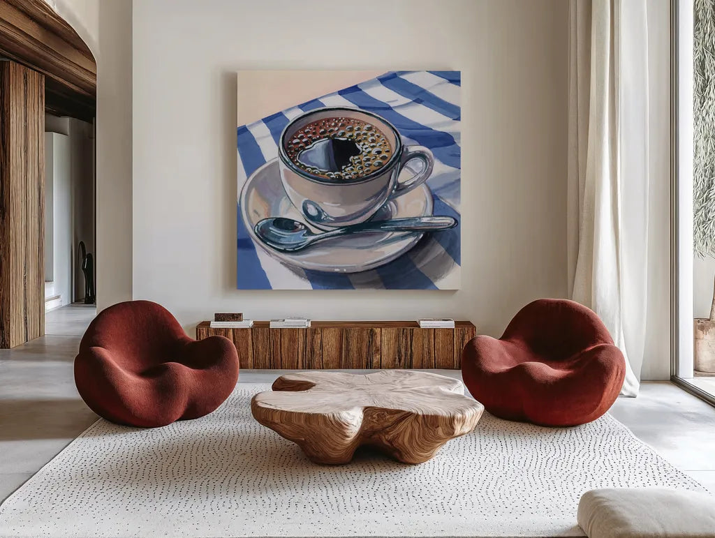 Black Coffee On Striped Cloth by Kate Jarvik Birch. Shown as extra-large giant wall art in a modern living room. Available as an archival giclee rolled canvas, fine art paper, or poster print. SKU 98776a.