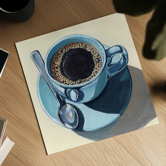 Black Coffee With Crema by Kate Jarvik Birch. Shown as a detailed flat fine art print, highlighting archival giclee quality. Available as an archival giclee rolled canvas, fine art paper, or poster print. SKU 98587a.