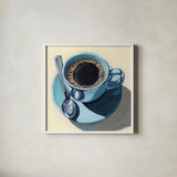 Black Coffee With Crema by Kate Jarvik Birch. Shown in a crisp white glass frame for a clean and minimalist style. Available as an archival giclee rolled canvas, fine art paper, or poster print. SKU 98587a.