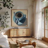 Black Coffee With Crema by Kate Jarvik Birch. Shown in a natural wood frame in a cozy modern living room. Available as an archival giclee rolled canvas, fine art paper, or poster print. SKU 98587a.