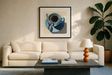 Black Coffee With Crema by Kate Jarvik Birch. Displayed in a glass frame with matte in a clean modern living room. Available as an archival giclee rolled canvas, fine art paper, or poster print. SKU 98587a.