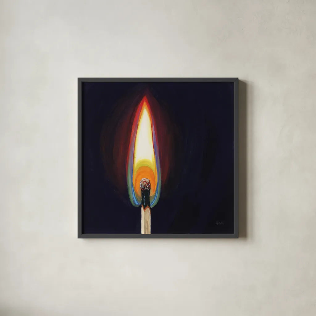 Blowing Out A Match I by Kate Jarvik Birch. Shown in a sleek black glass frame for a contemporary gallery look. Available as an archival giclee rolled canvas, fine art paper, or poster print. SKU 98548a.