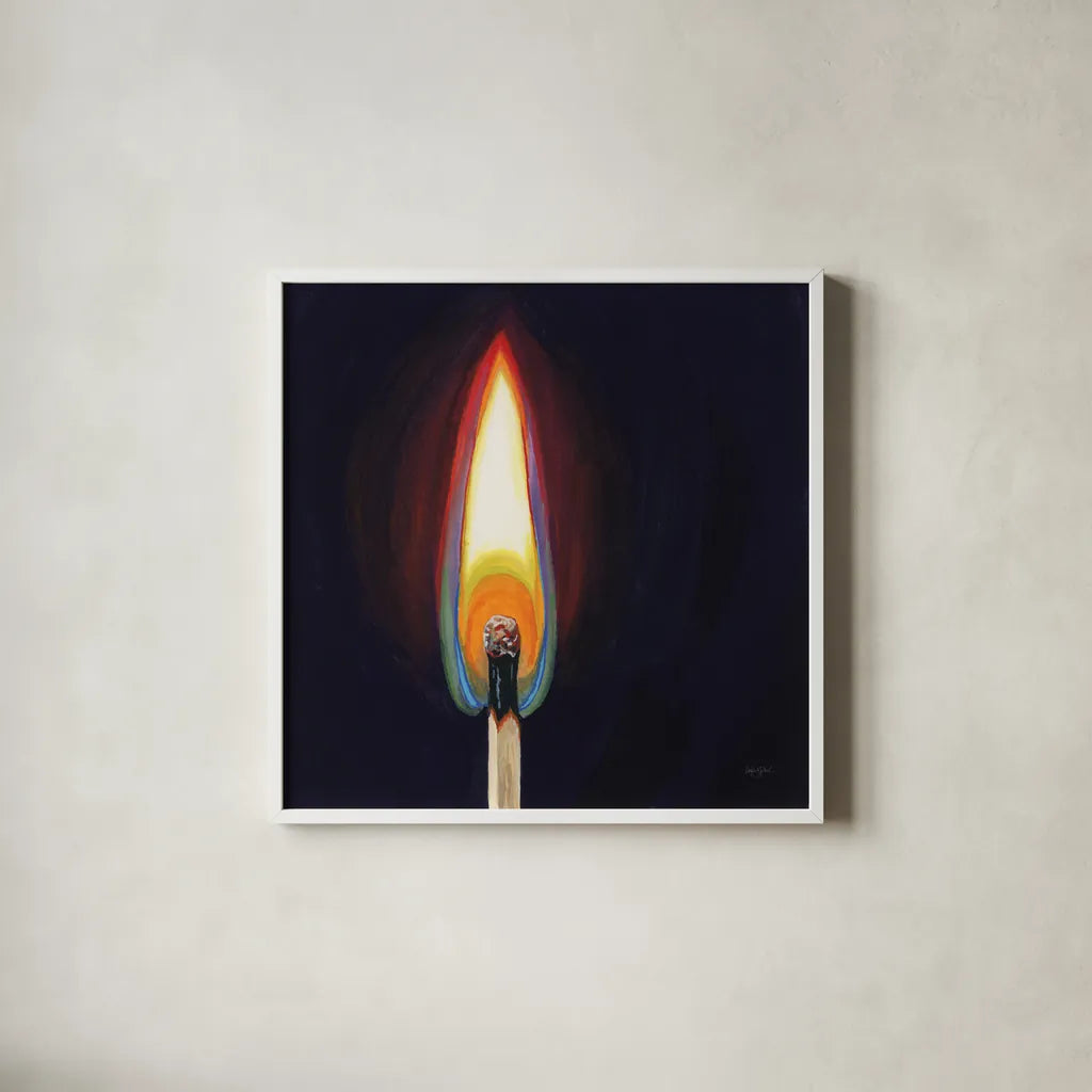 Blowing Out A Match I by Kate Jarvik Birch. Shown in a crisp white glass frame for a clean and minimalist style. Available as an archival giclee rolled canvas, fine art paper, or poster print. SKU 98548a.