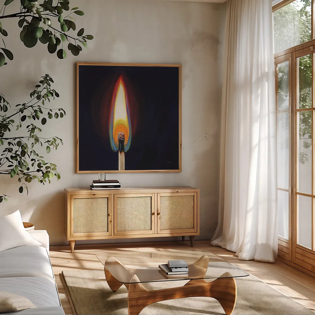 Blowing Out A Match I by Kate Jarvik Birch. Shown in a natural wood frame in a cozy modern living room. Available as an archival giclee rolled canvas, fine art paper, or poster print. SKU 98548a.
