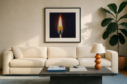 Blowing Out A Match I by Kate Jarvik Birch. Displayed in a glass frame with matte in a clean modern living room. Available as an archival giclee rolled canvas, fine art paper, or poster print. SKU 98548a.