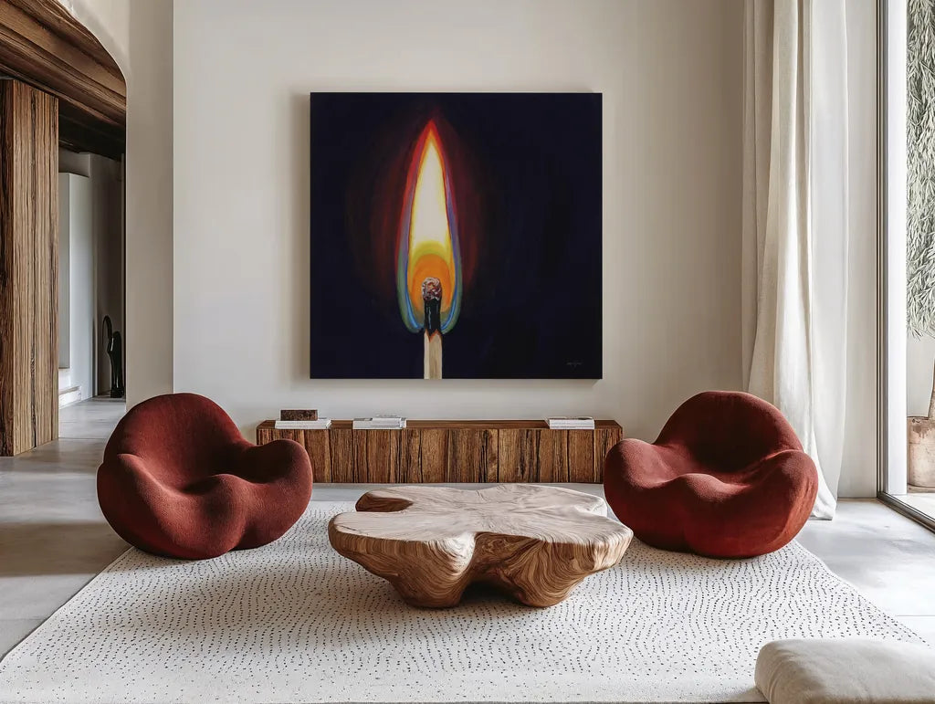 Blowing Out A Match I by Kate Jarvik Birch. Shown as extra-large giant wall art in a modern living room. Available as an archival giclee rolled canvas, fine art paper, or poster print. SKU 98548a.