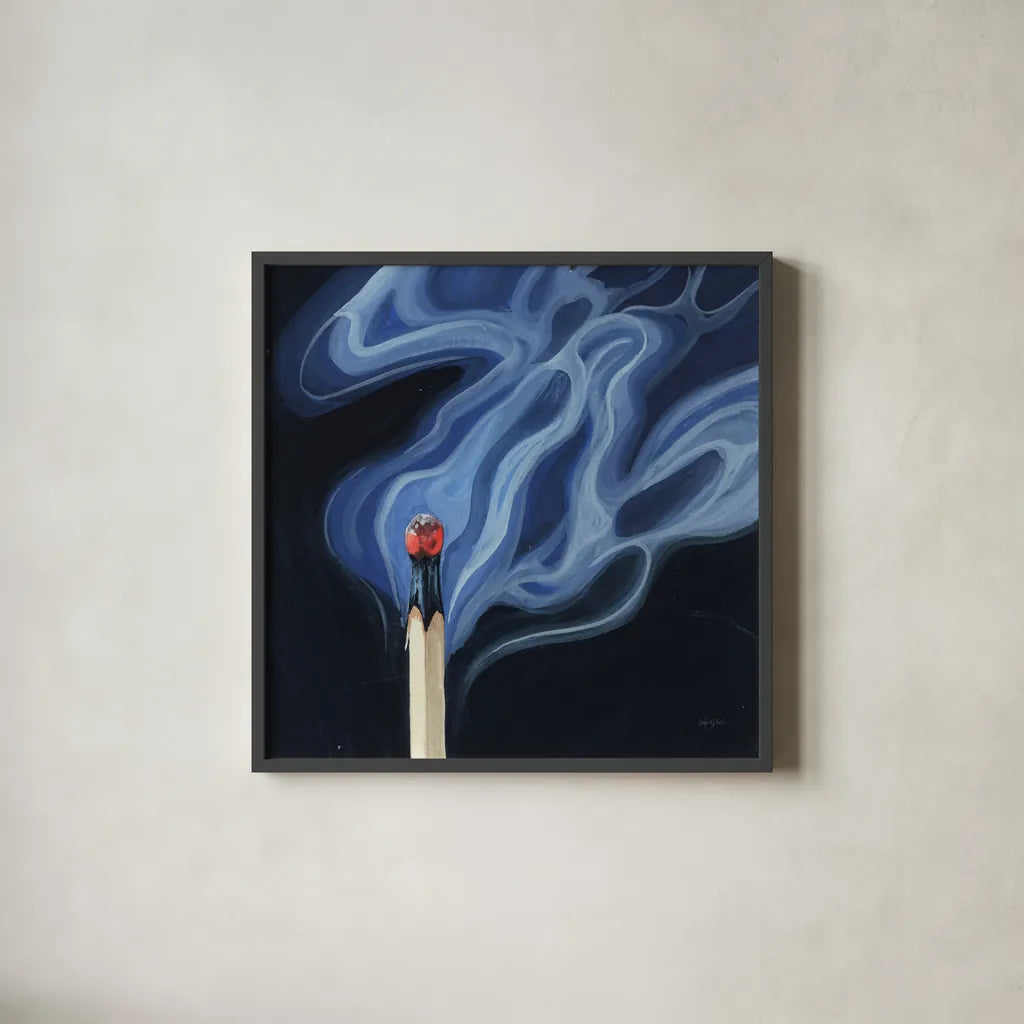 Blowing Out A Match II by Kate Jarvik Birch. Shown in a sleek black glass frame for a contemporary gallery look. Available as an archival giclee rolled canvas, fine art paper, or poster print. SKU 98549a.